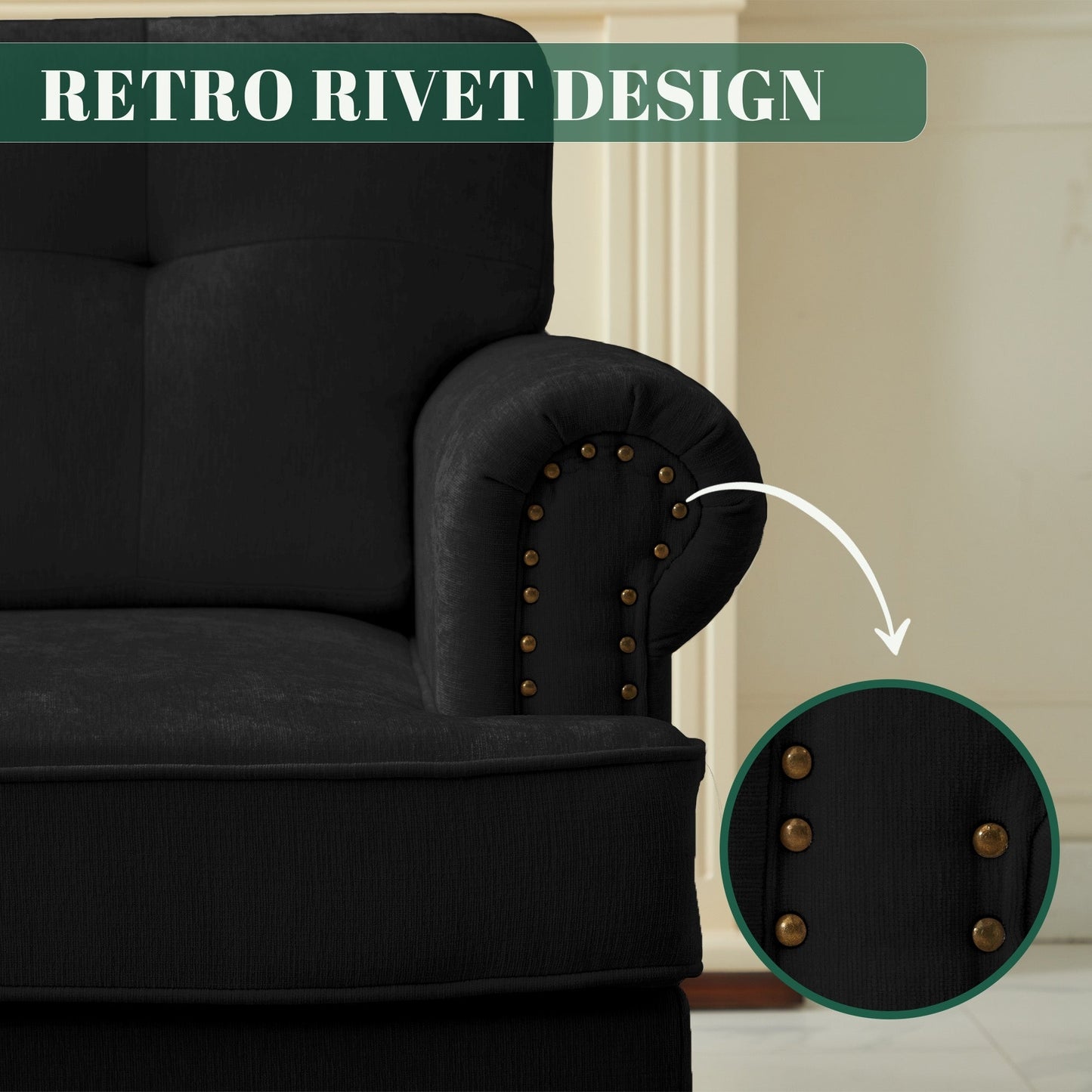 Set di 3 divani in ciniglia per soggiorno, rivestimento con bottoni e borchie, gambe in legno massello di gomma