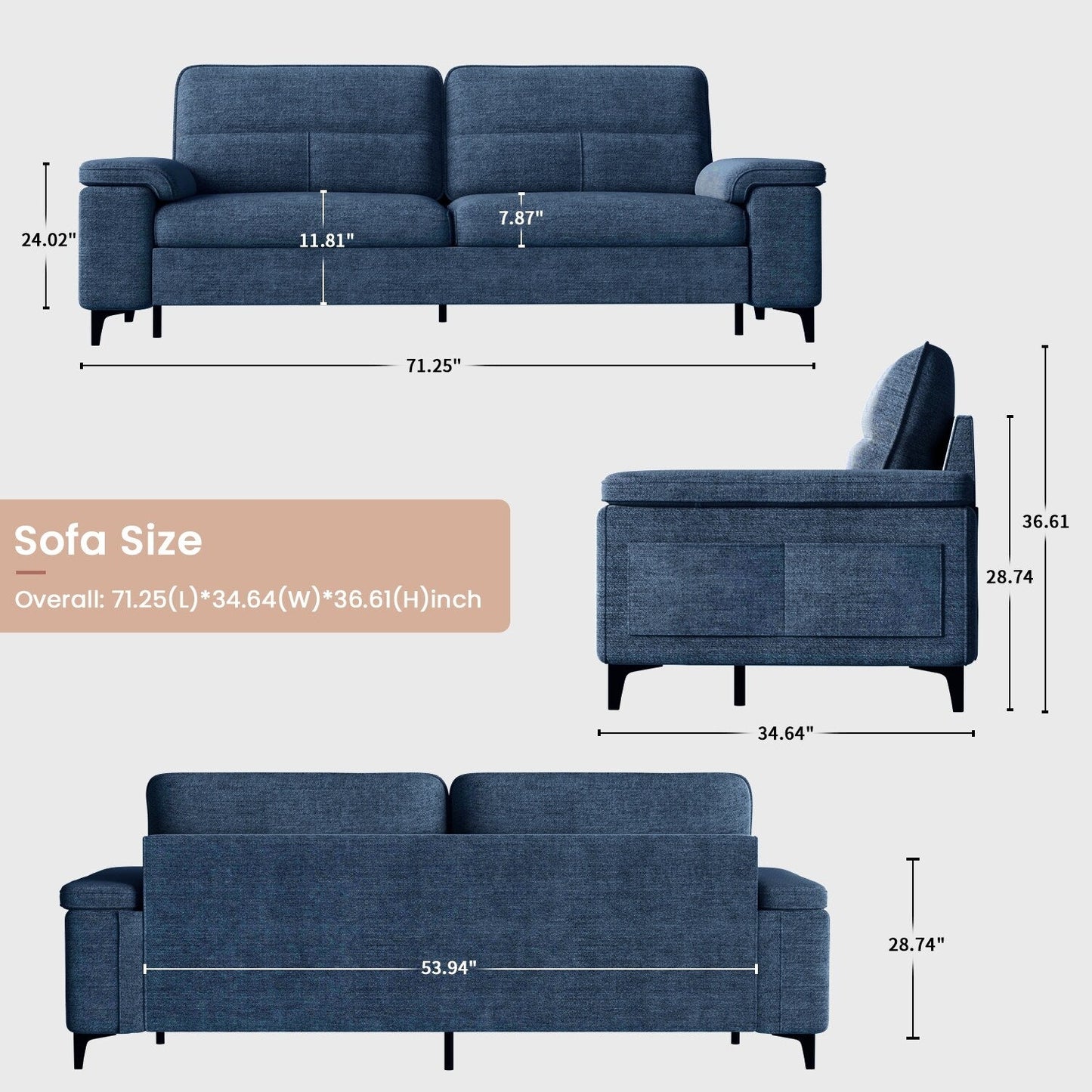 Divano in ciniglia con braccioli regolabili e cuscini extra spessi