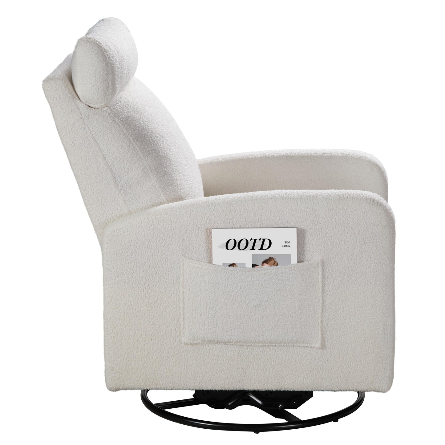 Poltrona reclinabile manuale girevole a 360° con rivestimento in ciniglia, cuscino spesso e tasche laterali