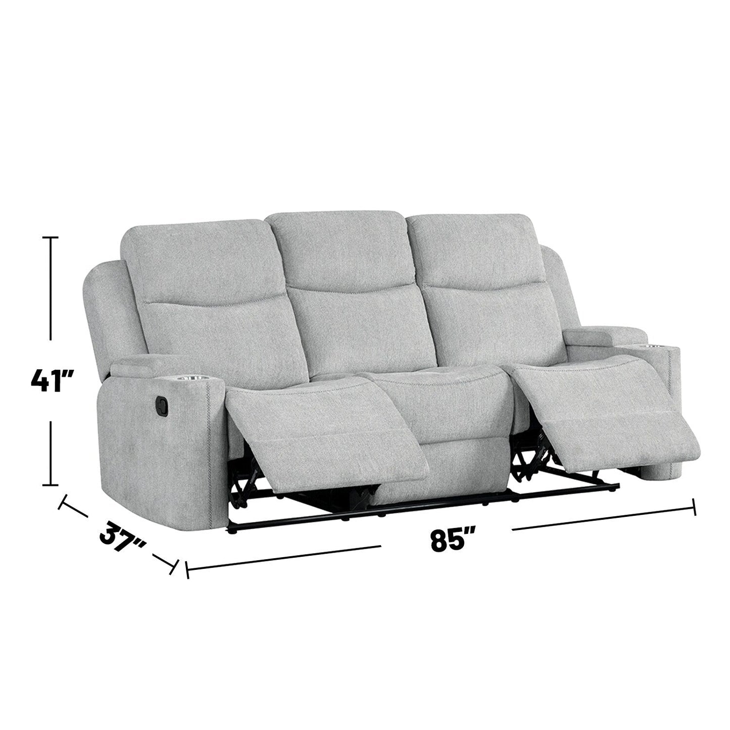 Divano con movimento manuale rivestito in ciniglia e 2 portabicchieri in grigio chiaro
