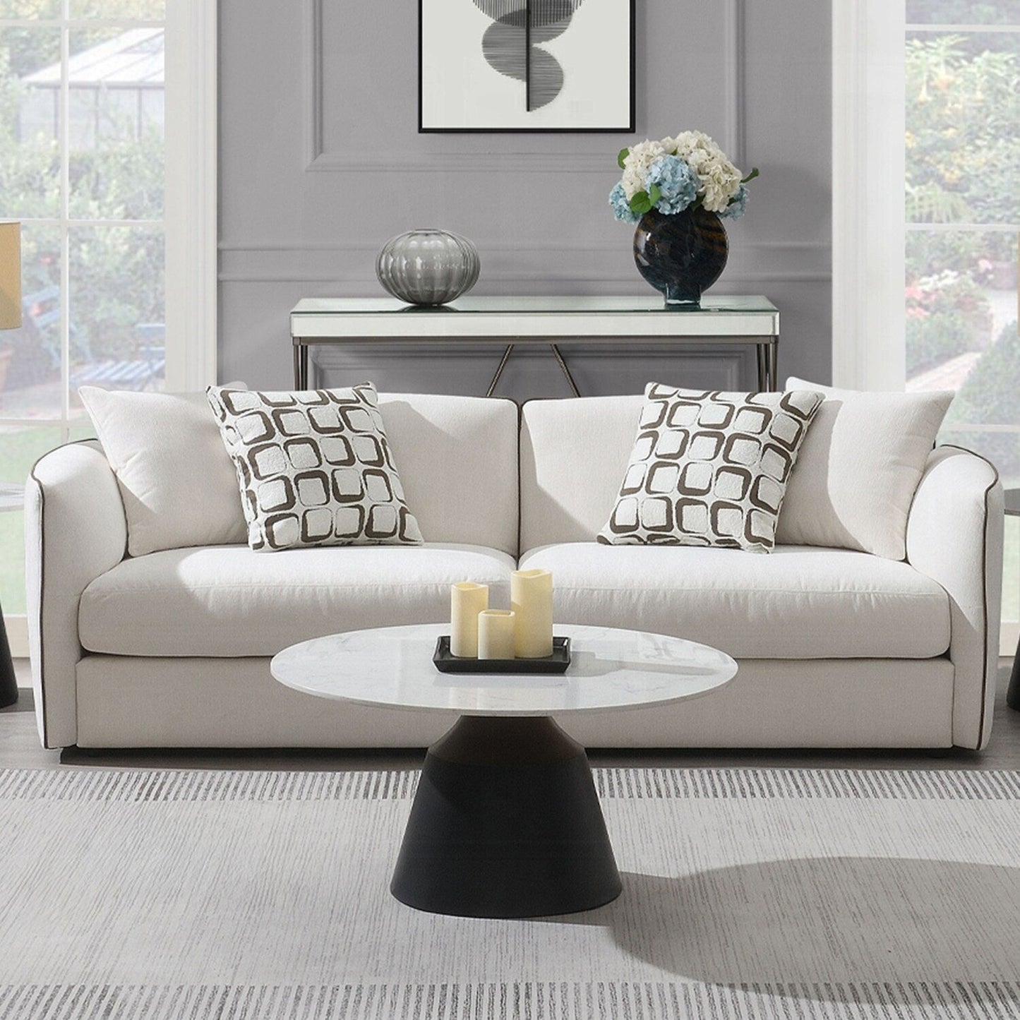 Divano imbottito in ciniglia con 4 cuscini in beige