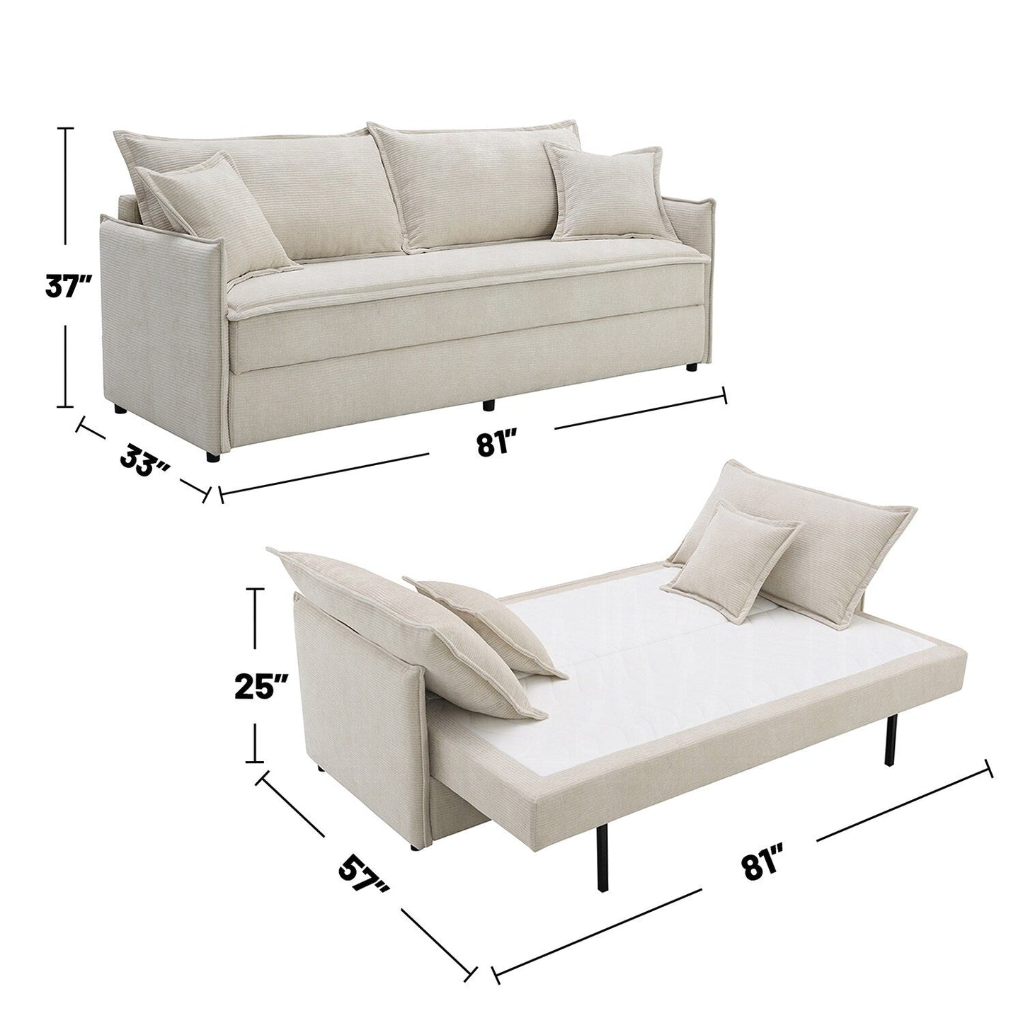 Divano imbottito in ciniglia con letto estraibile, colore beige