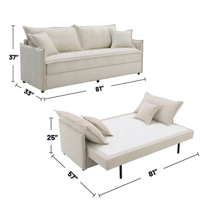 Divano imbottito in ciniglia con letto estraibile, colore beige