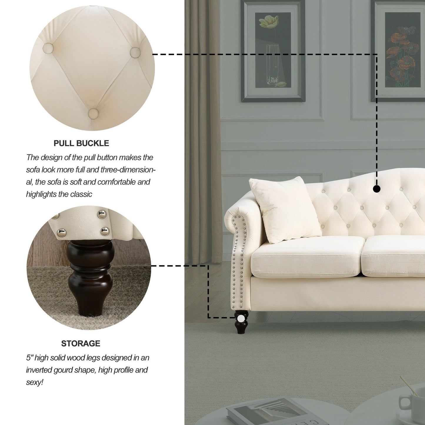 Divano Chesterfield imbottito a 3 posti con braccioli arrotolati e borchie