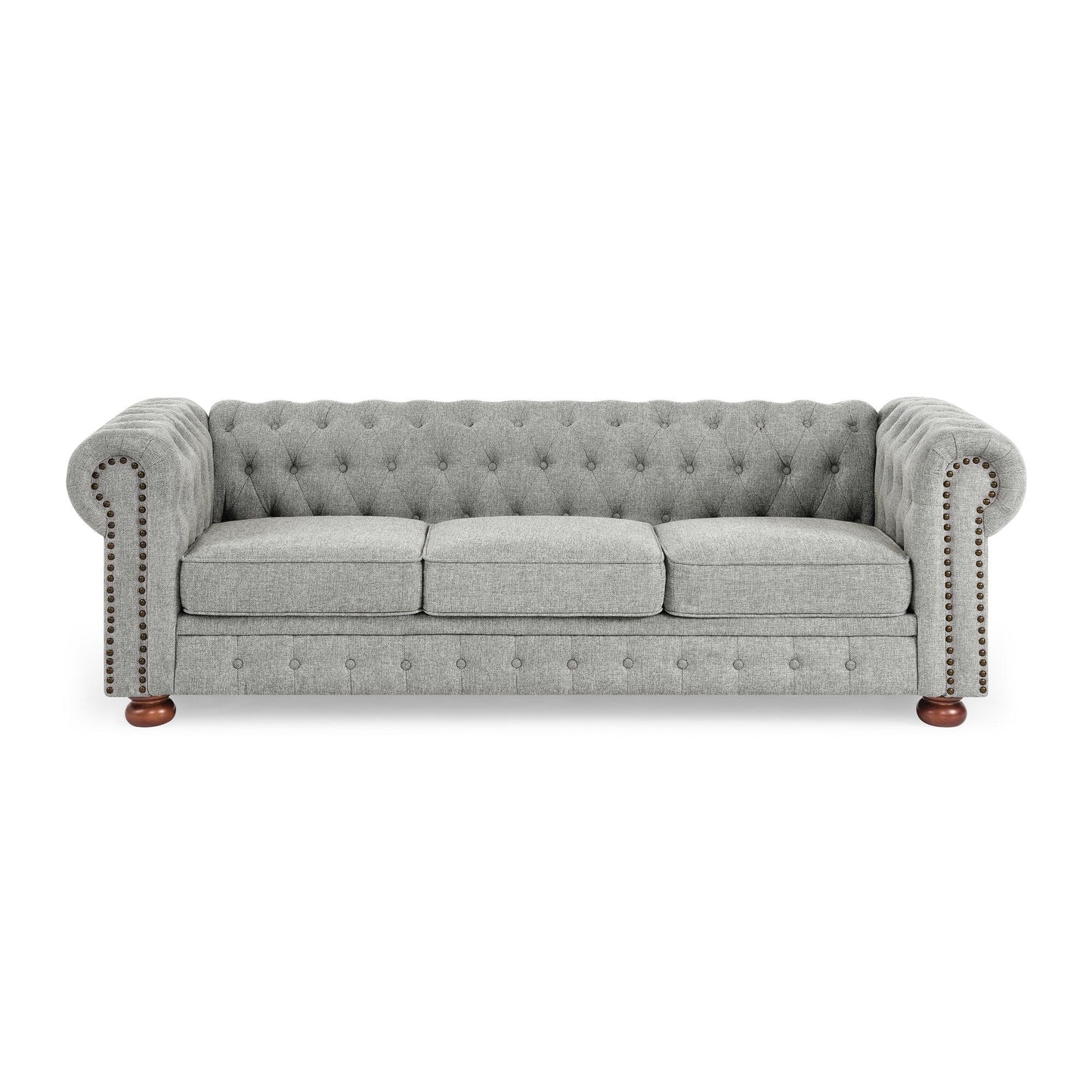 Divano Chesterfield imbottito in PU, 3 posti, con braccioli a volute e decorazione a borchie
