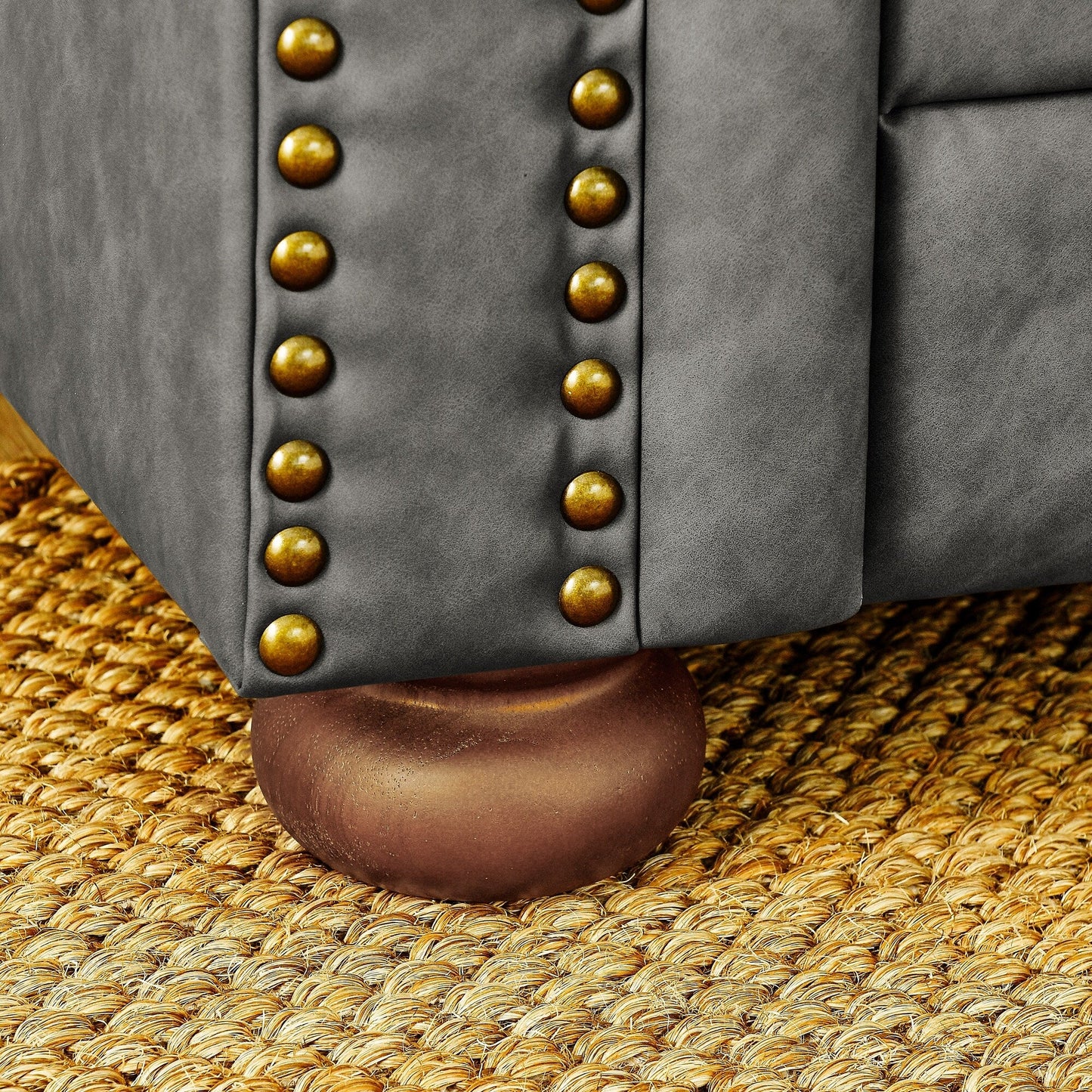 Divano Chesterfield imbottito in PU, 3 posti, con braccioli a volute e decorazione a borchie