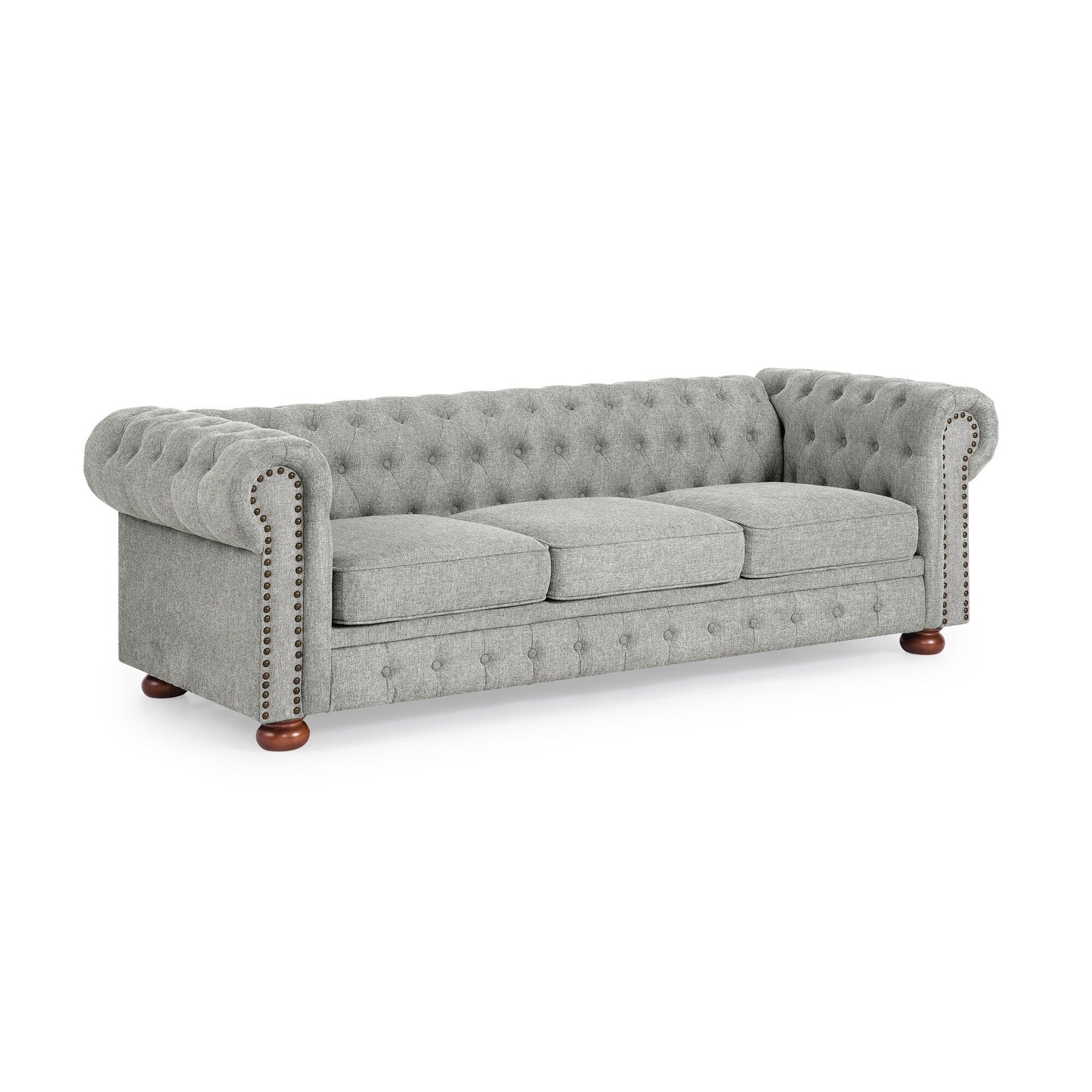 Divano Chesterfield imbottito in PU, 3 posti, con braccioli a volute e decorazione a borchie