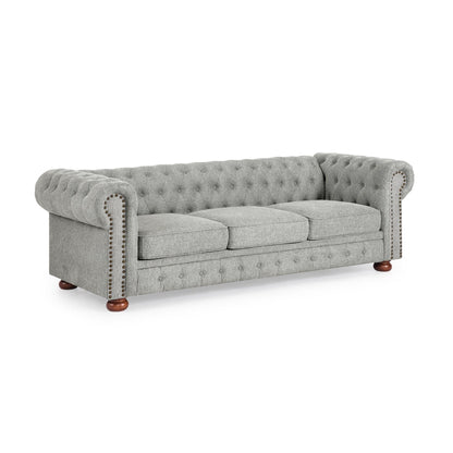Divano Chesterfield imbottito in PU, 3 posti, con braccioli a volute e decorazione a borchie
