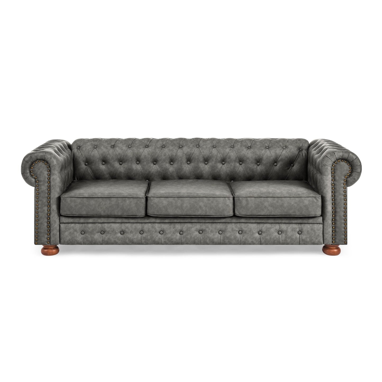 Divano Chesterfield imbottito in PU, 3 posti, con braccioli a volute e decorazione a borchie