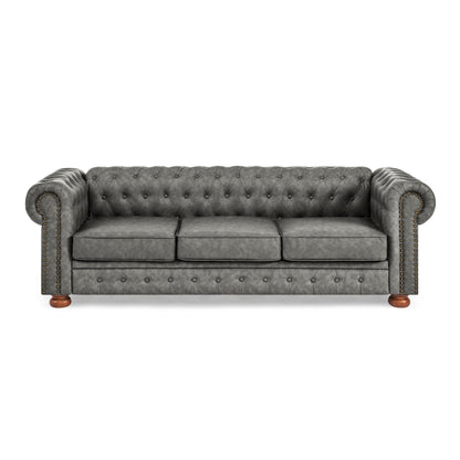 Divano Chesterfield imbottito in PU, 3 posti, con braccioli a volute e decorazione a borchie