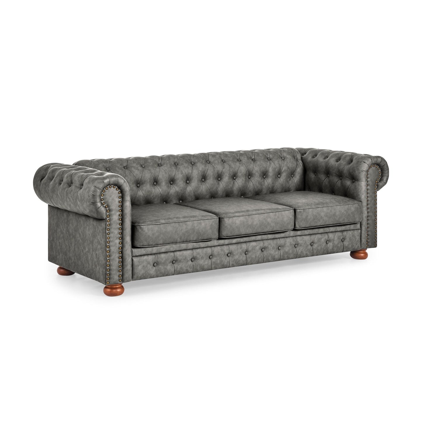 Divano Chesterfield imbottito in PU, 3 posti, con braccioli a volute e decorazione a borchie