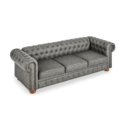 Divano Chesterfield imbottito in PU, 3 posti, con braccioli a volute e decorazione a borchie