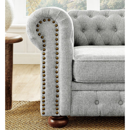 Divano Chesterfield imbottito in PU, 3 posti, con braccioli a volute e decorazione a borchie