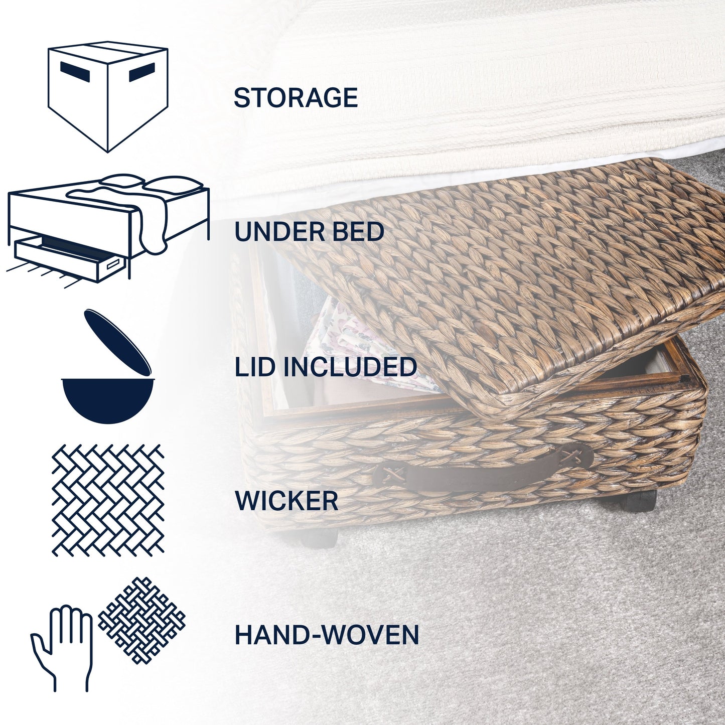 Contenitore portaoggetti sottoletto in giacinto/legno happimess con ruote e maniglie