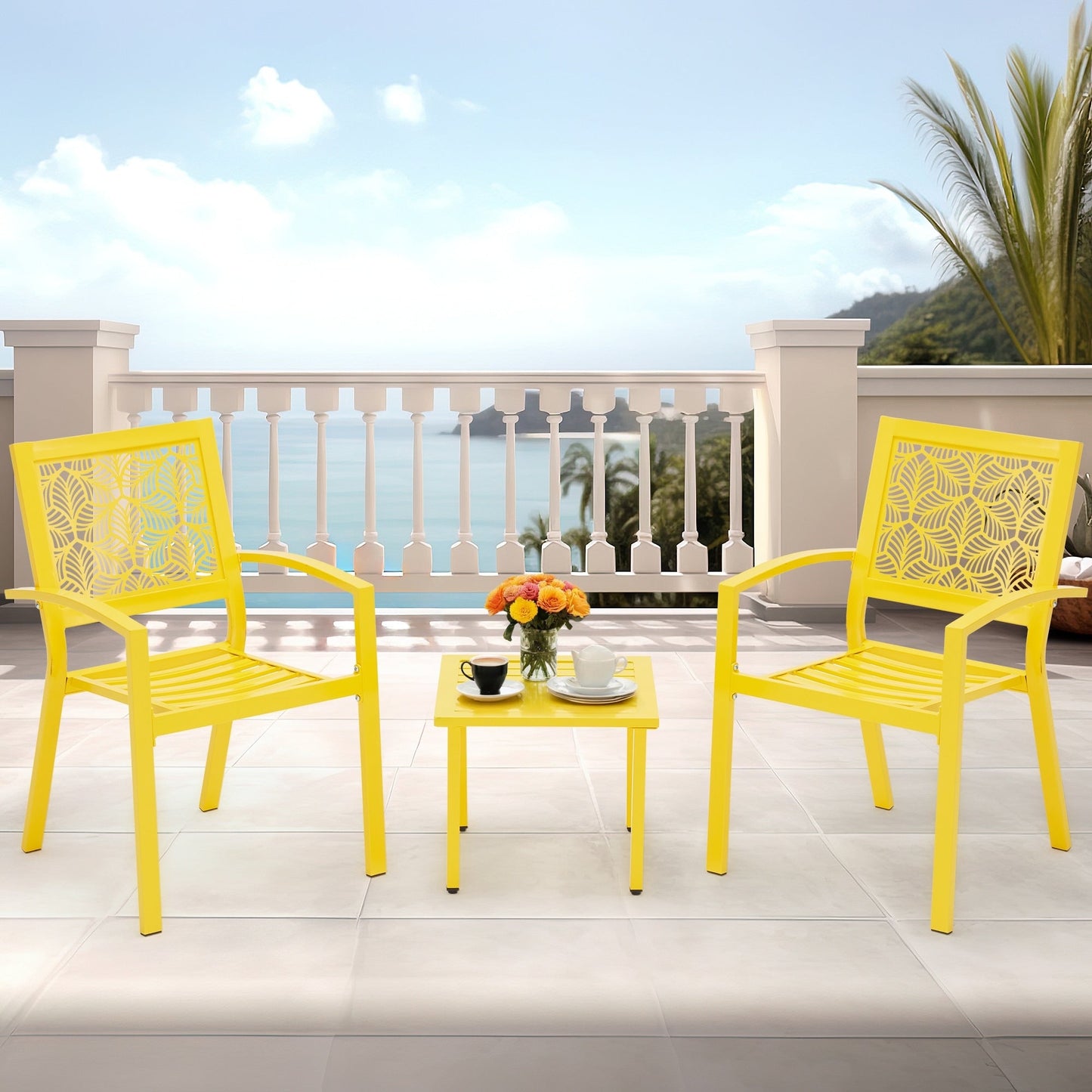 Set da esterno per patio, tavolo e sedie da bistrot in ferro resistenti alle intemperie, design floreale sul retro, salvaspazio (verde/blu/giallo/nero)