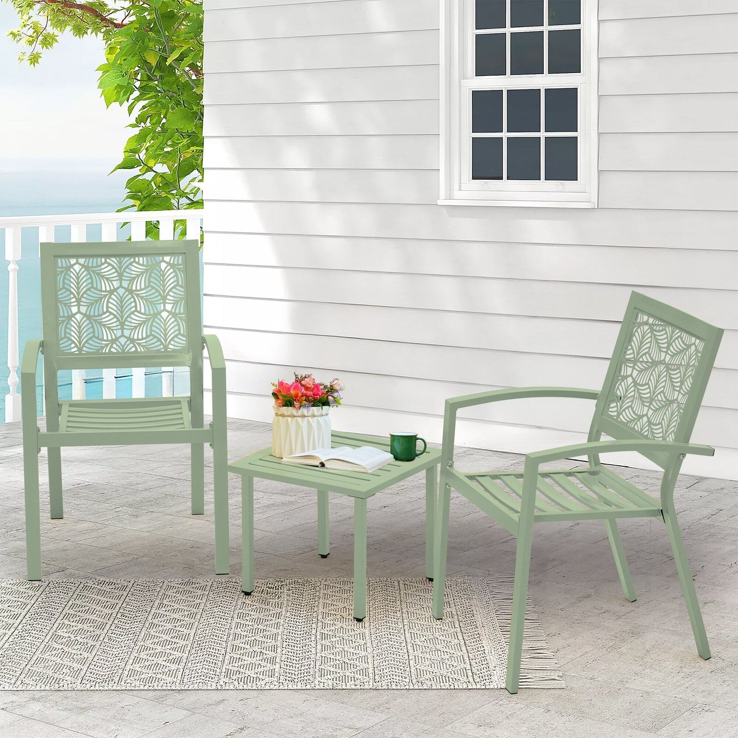 Set da esterno per patio, tavolo e sedie da bistrot in ferro resistenti alle intemperie, design floreale sul retro, salvaspazio (verde/blu/giallo/nero)