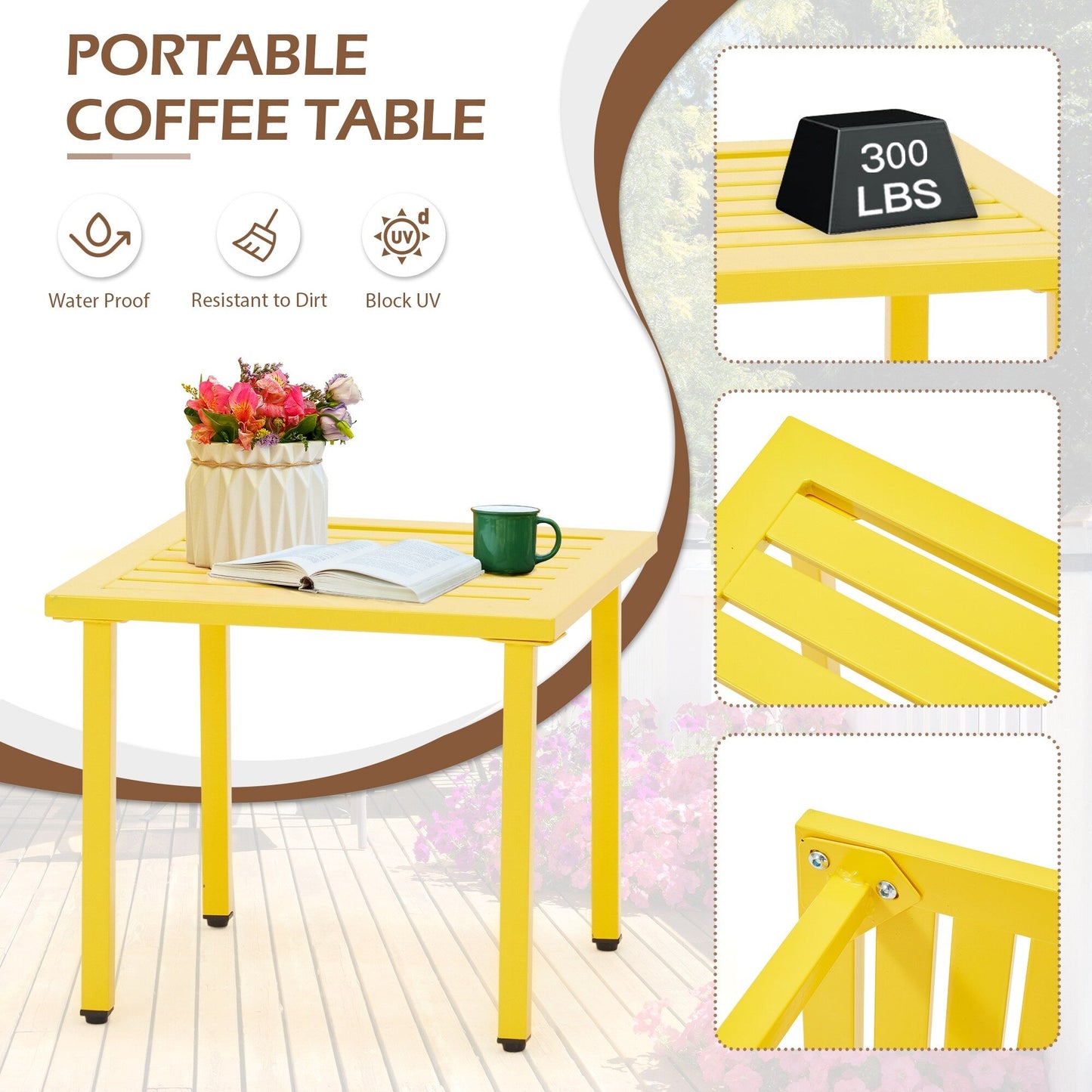 Set da esterno per patio, tavolo e sedie da bistrot in ferro resistenti alle intemperie, design floreale sul retro, salvaspazio (verde/blu/giallo/nero)