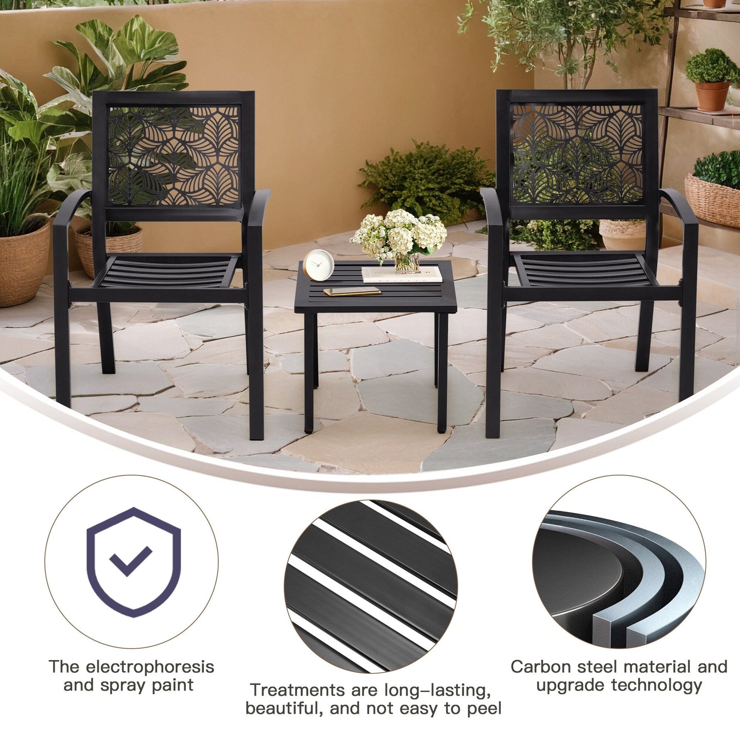 Set da esterno per patio, tavolo e sedie da bistrot in ferro resistenti alle intemperie, design floreale sul retro, salvaspazio (verde/blu/giallo/nero)