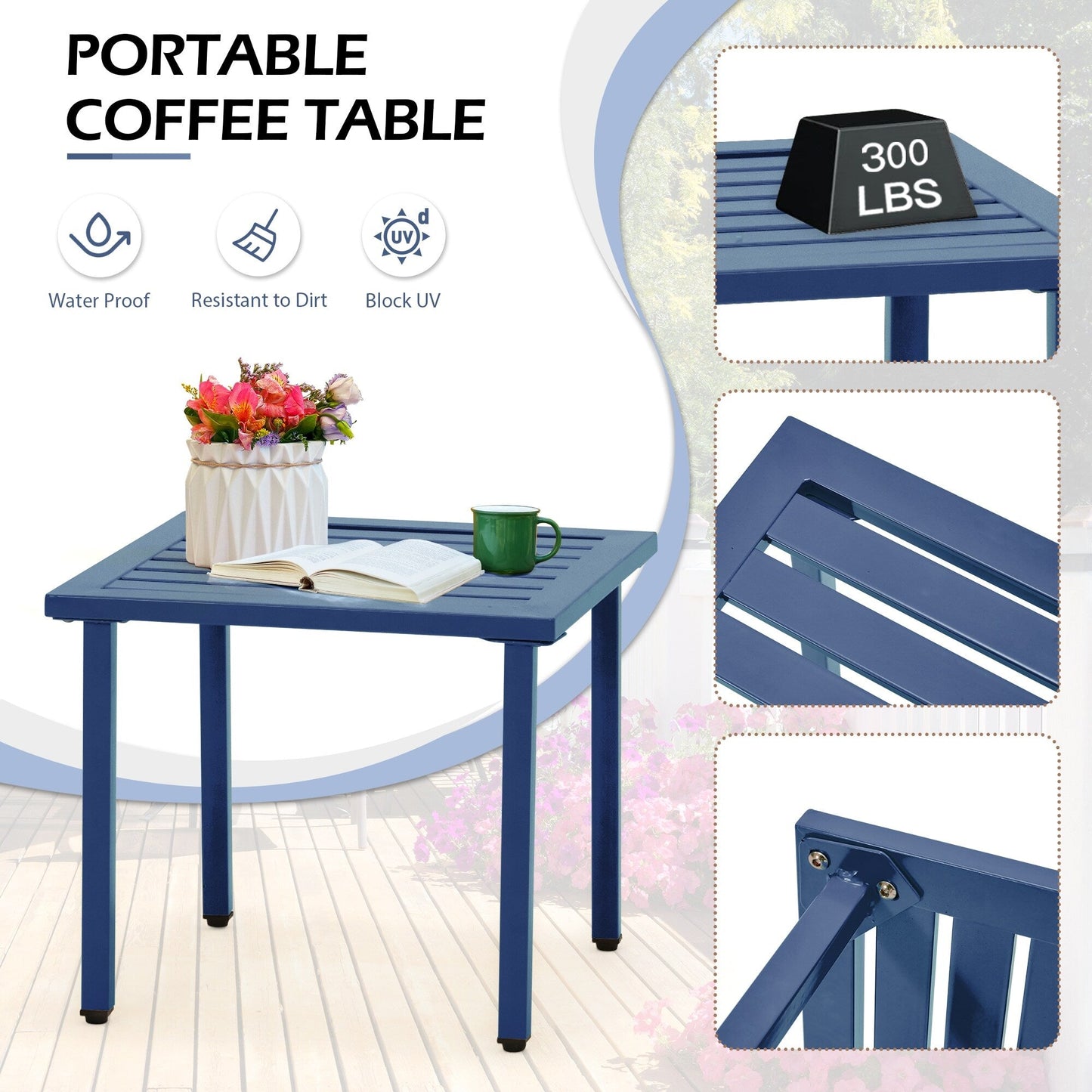 Set da esterno per patio, tavolo e sedie da bistrot in ferro resistenti alle intemperie, design floreale sul retro, salvaspazio (verde/blu/giallo/nero)