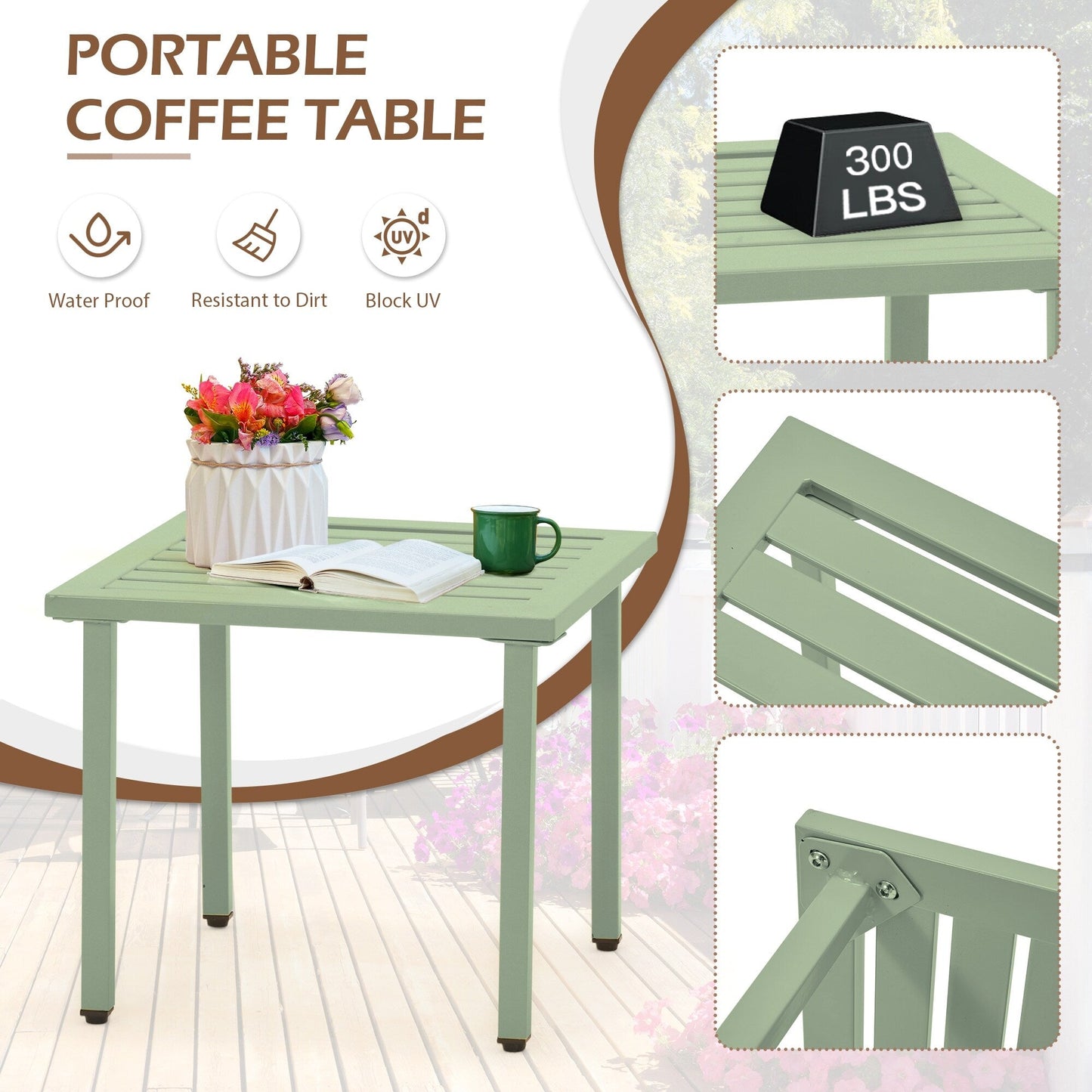 Set da esterno per patio, tavolo e sedie da bistrot in ferro resistenti alle intemperie, design floreale sul retro, salvaspazio (verde/blu/giallo/nero)