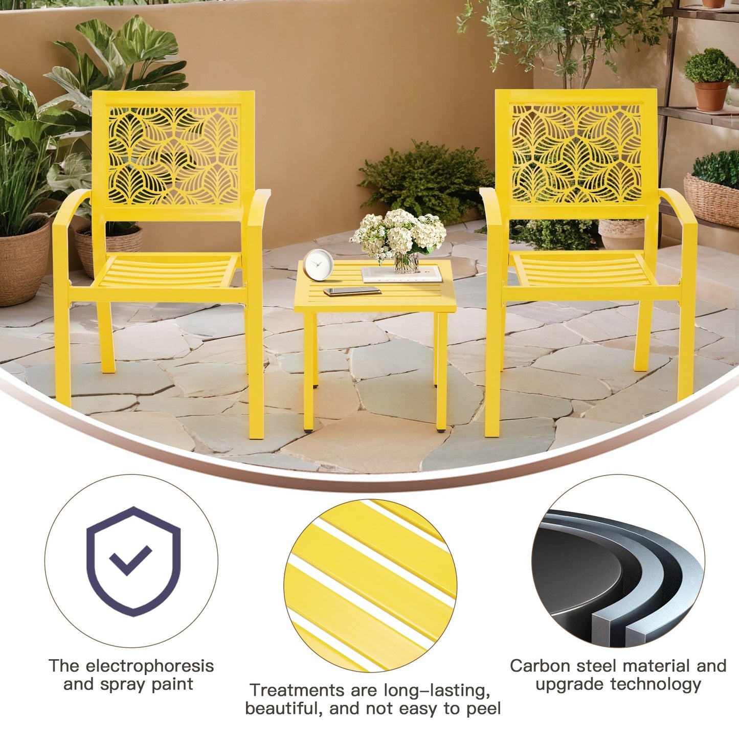 Set da esterno per patio, tavolo e sedie da bistrot in ferro resistenti alle intemperie, design floreale sul retro, salvaspazio (verde/blu/giallo/nero)