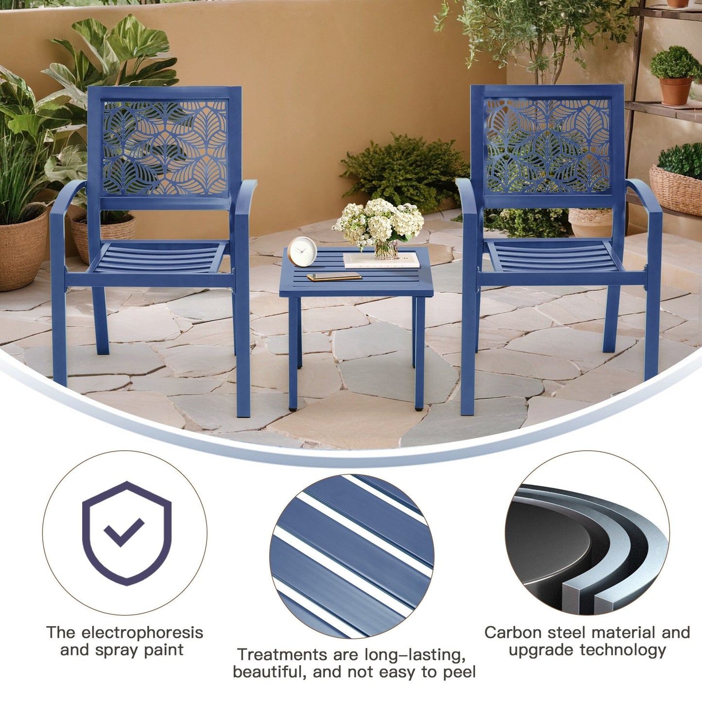 Set da esterno per patio, tavolo e sedie da bistrot in ferro resistenti alle intemperie, design floreale sul retro, salvaspazio (verde/blu/giallo/nero)