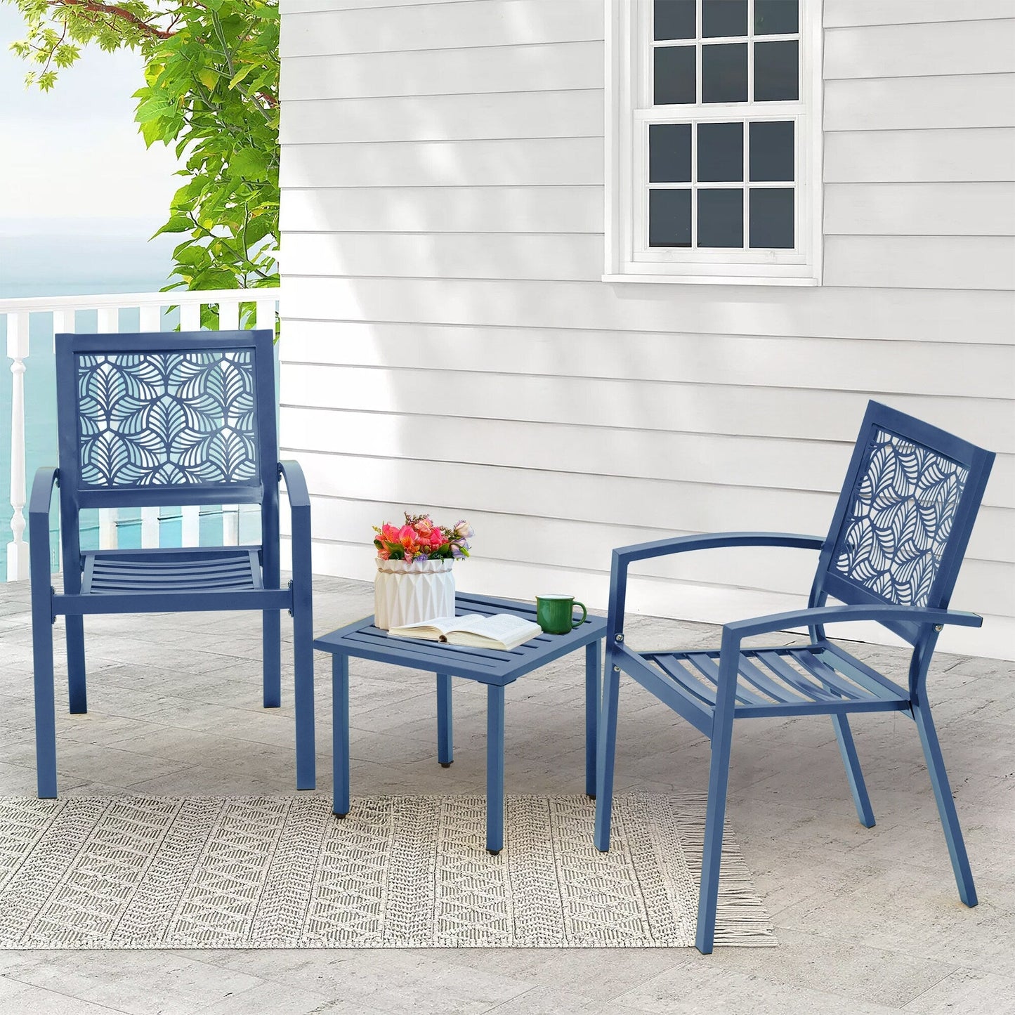 Set da esterno per patio, tavolo e sedie da bistrot in ferro resistenti alle intemperie, design floreale sul retro, salvaspazio (verde/blu/giallo/nero)