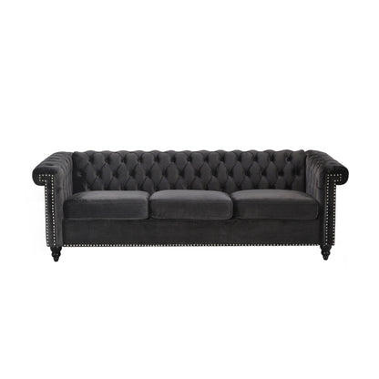 Divano Chesterfield a 3 posti Chis, in velluto nero trapuntato, 83 pollici