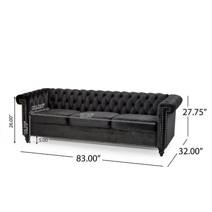 Divano Chesterfield a 3 posti Chis, in velluto nero trapuntato, 83 pollici