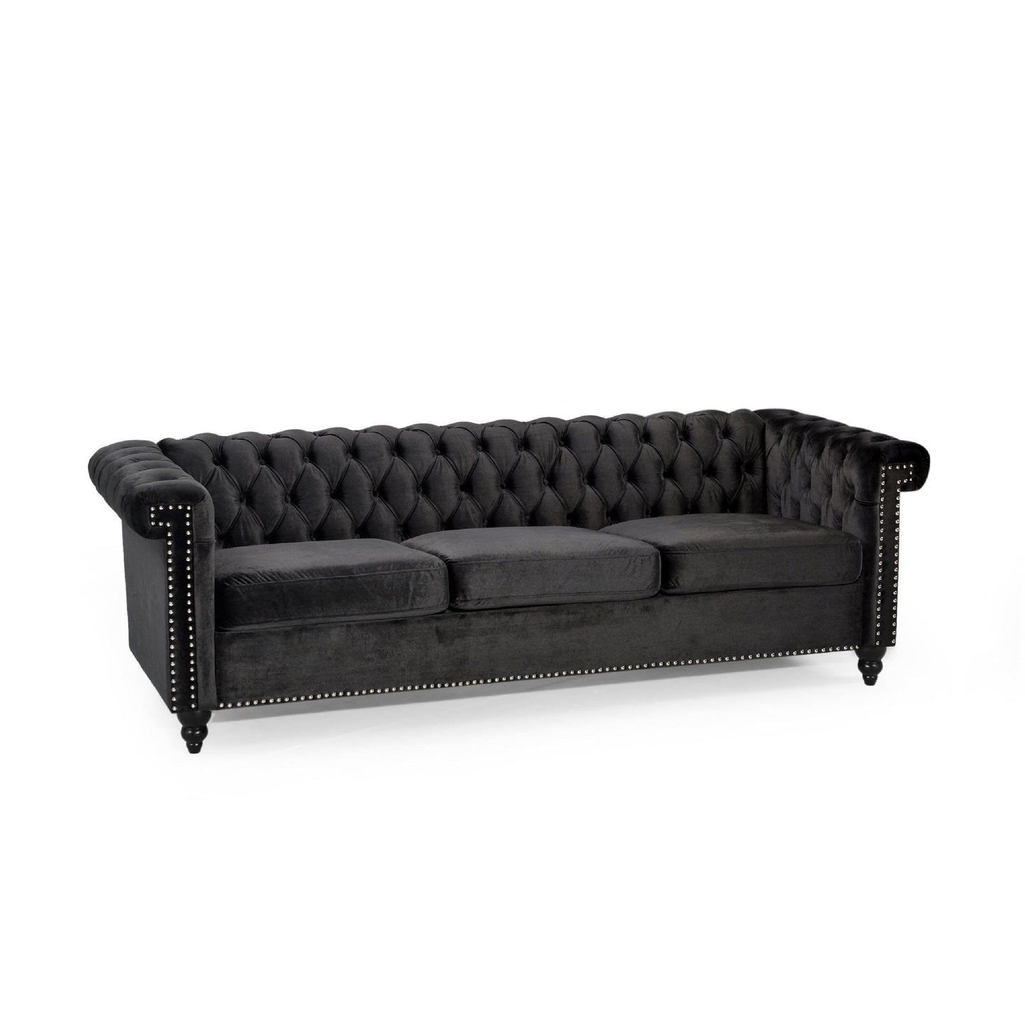 Divano Chesterfield a 3 posti Chis, in velluto nero trapuntato, 83 pollici