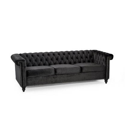 Divano Chesterfield a 3 posti Chis, in velluto nero trapuntato, 83 pollici
