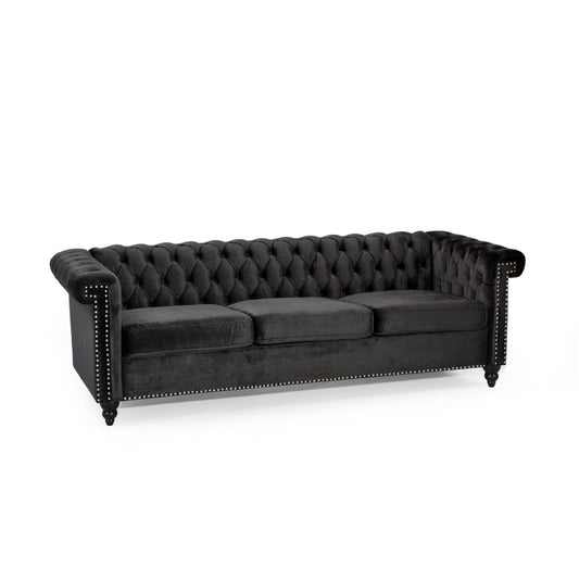 Divano Chesterfield a 3 posti Chis, in velluto nero trapuntato, 83 pollici