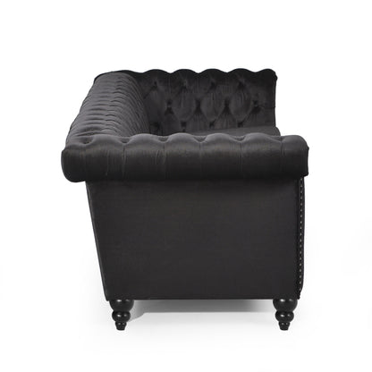 Divano Chesterfield a 3 posti Chis, in velluto nero trapuntato, 83 pollici