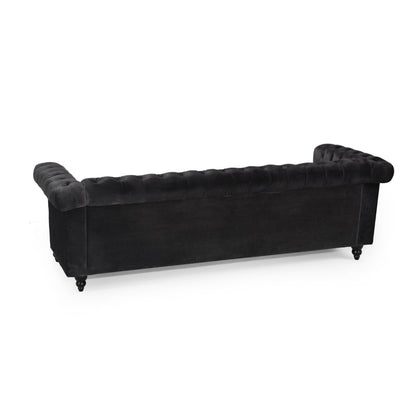 Divano Chesterfield a 3 posti Chis, in velluto nero trapuntato, 83 pollici