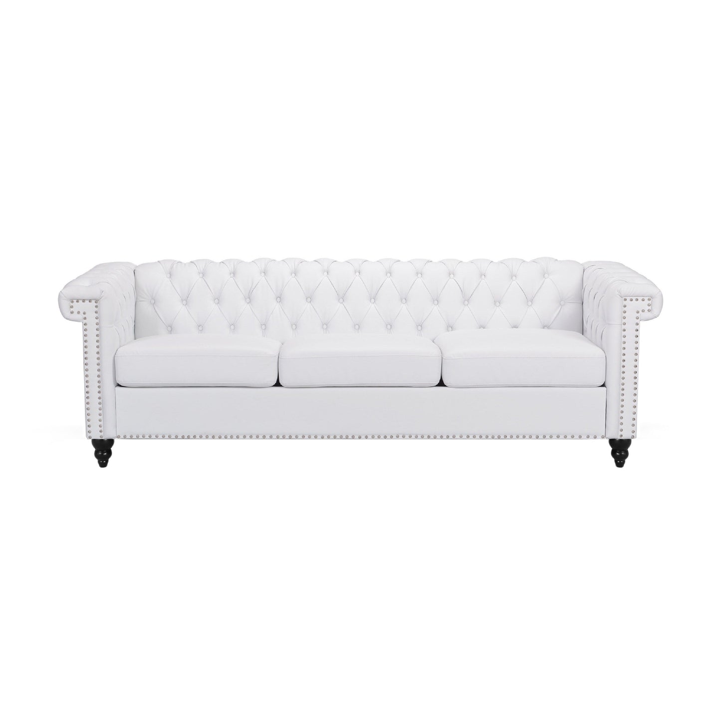 Divano Chis, Chesterfield profondo capitonné in similpelle bianca, 83 pollici