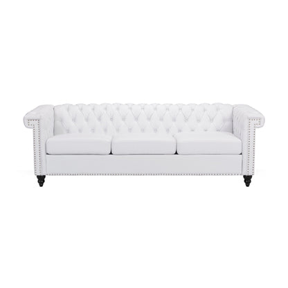 Divano Chis, Chesterfield profondo capitonné in similpelle bianca, 83 pollici