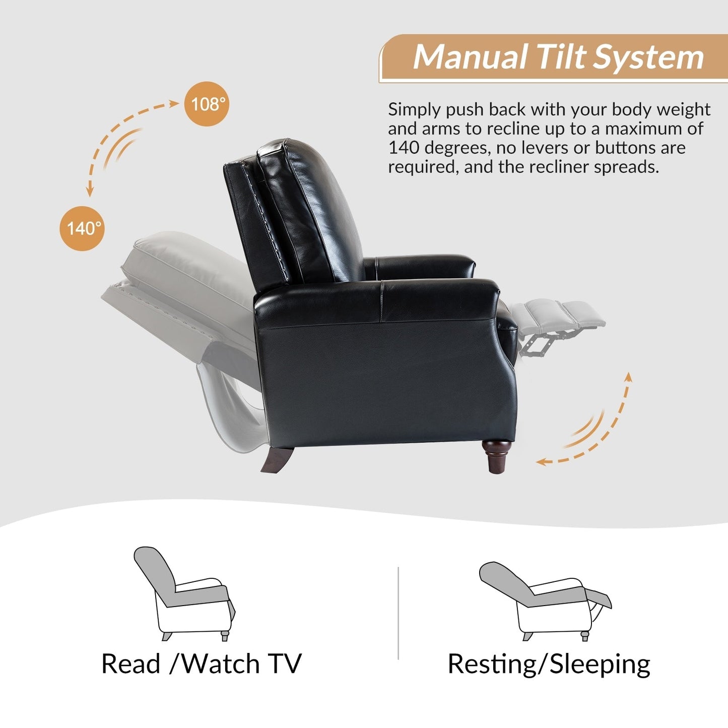 Poltrona reclinabile moderna in vera pelle con finiture a borchie in stile Cigar di HULALA HOME