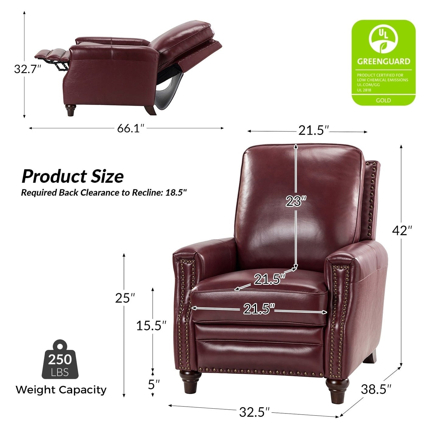 Poltrona reclinabile moderna in vera pelle con finiture a borchie in stile Cigar di HULALA HOME