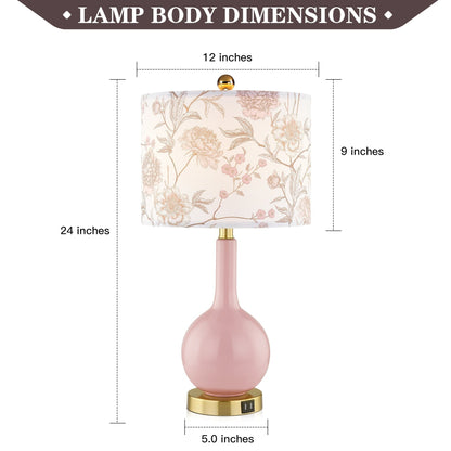 Lampada da tavolo in ceramica rosa con interruttore touch dimmer a 3 vie e due porte di ricarica USB - 12'' x 12'' x 24'' (L x P x A)