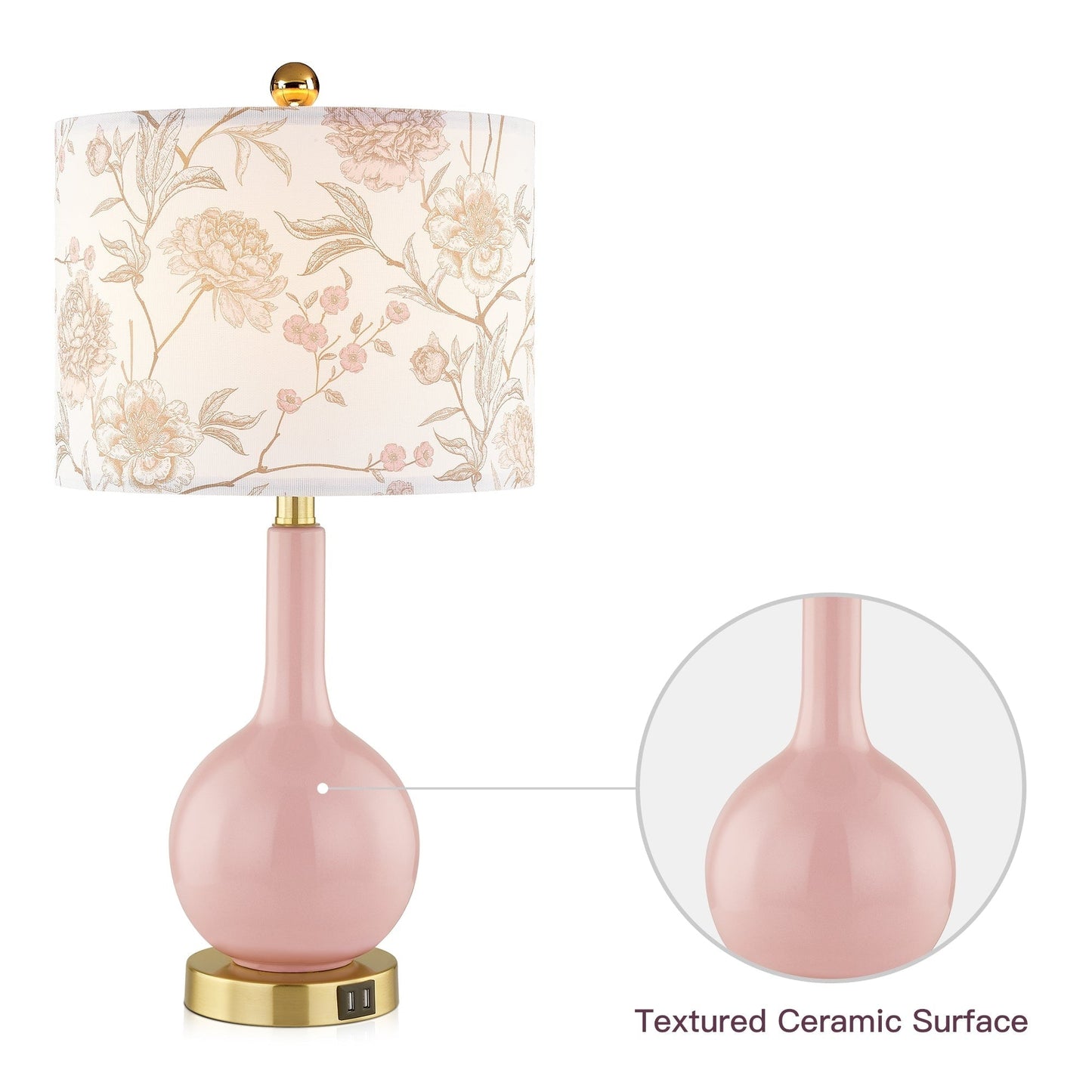 Lampada da tavolo in ceramica rosa con interruttore touch dimmer a 3 vie e due porte di ricarica USB - 12'' x 12'' x 24'' (L x P x A)
