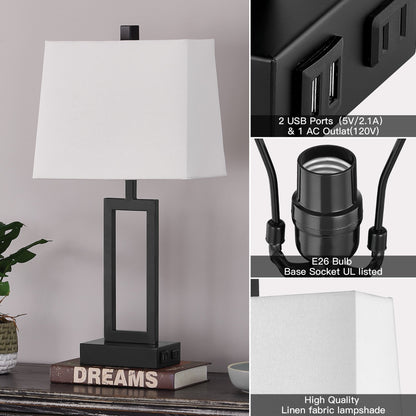 Lampada da tavolo in metallo nero con paralume bianco in stile cornice per porta, doppia porta di ricarica USB, presa CA, paralume bianco (set da 2)