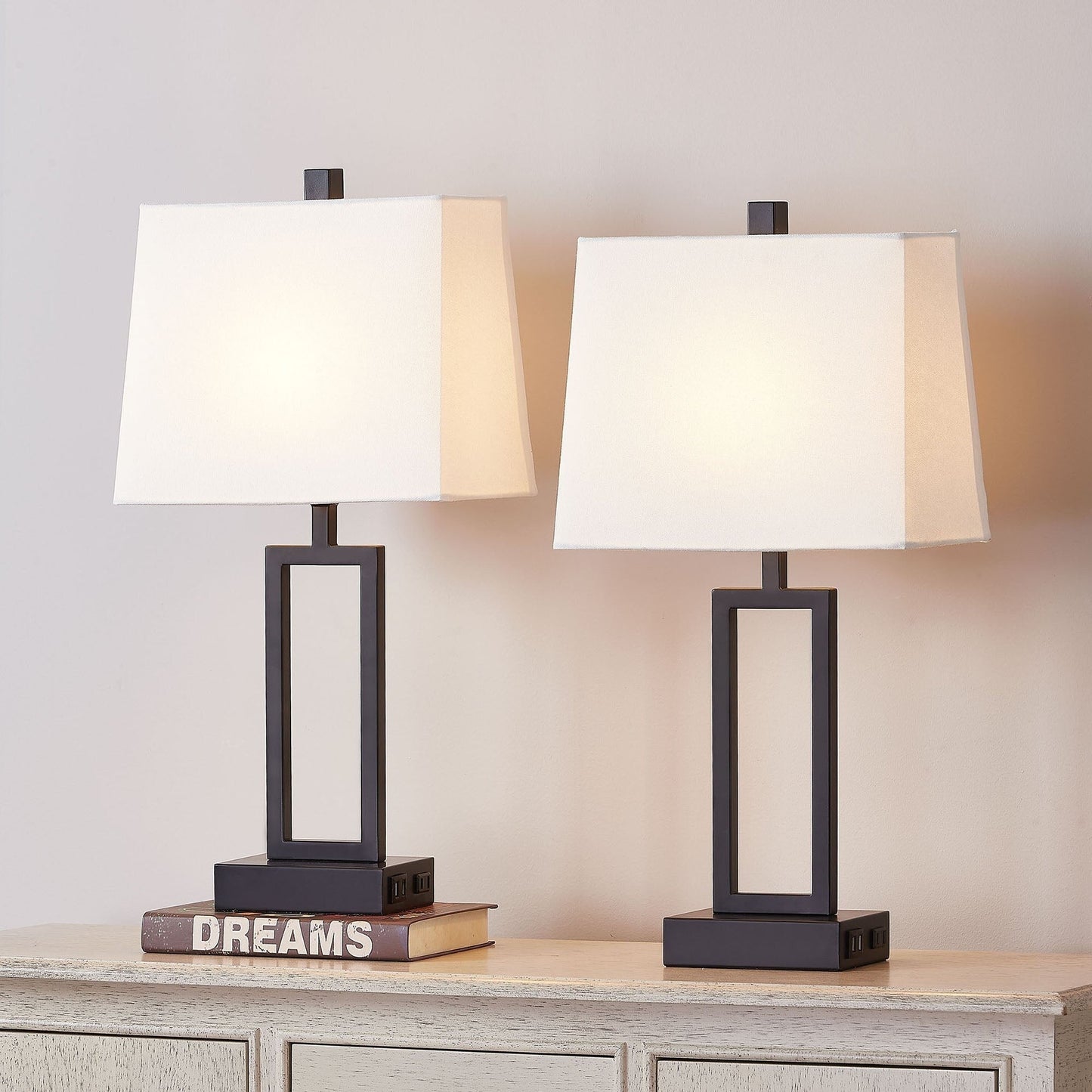 Lampada da tavolo in metallo nero con paralume bianco in stile cornice per porta, doppia porta di ricarica USB, presa CA, paralume bianco (set da 2)