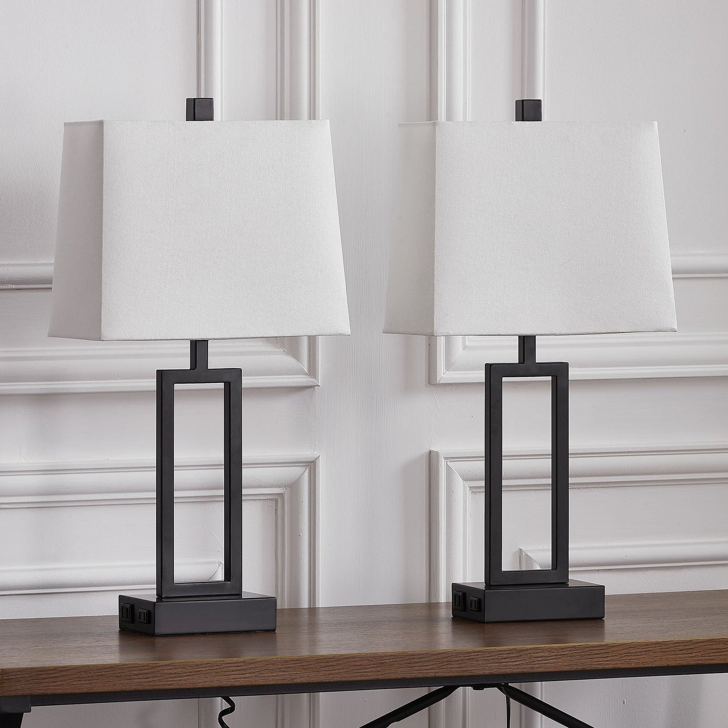 Lampada da tavolo in metallo nero con paralume bianco in stile cornice per porta, doppia porta di ricarica USB, presa CA, paralume bianco (set da 2)