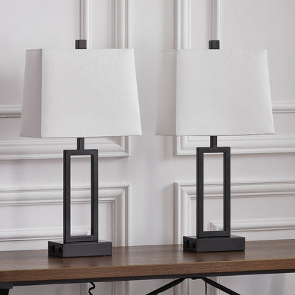 Lampada da tavolo in metallo nero con paralume bianco in stile cornice per porta, doppia porta di ricarica USB, presa CA, paralume bianco (set da 2)