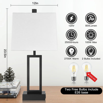 Lampada da tavolo in metallo nero con paralume bianco in stile cornice per porta, doppia porta di ricarica USB, presa CA, paralume bianco (set da 2)