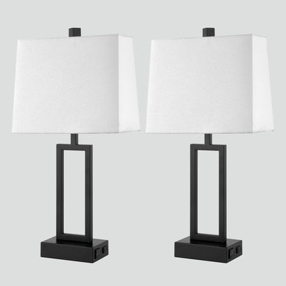 Lampada da tavolo in metallo nero con paralume bianco in stile cornice per porta, doppia porta di ricarica USB, presa CA, paralume bianco (set da 2)