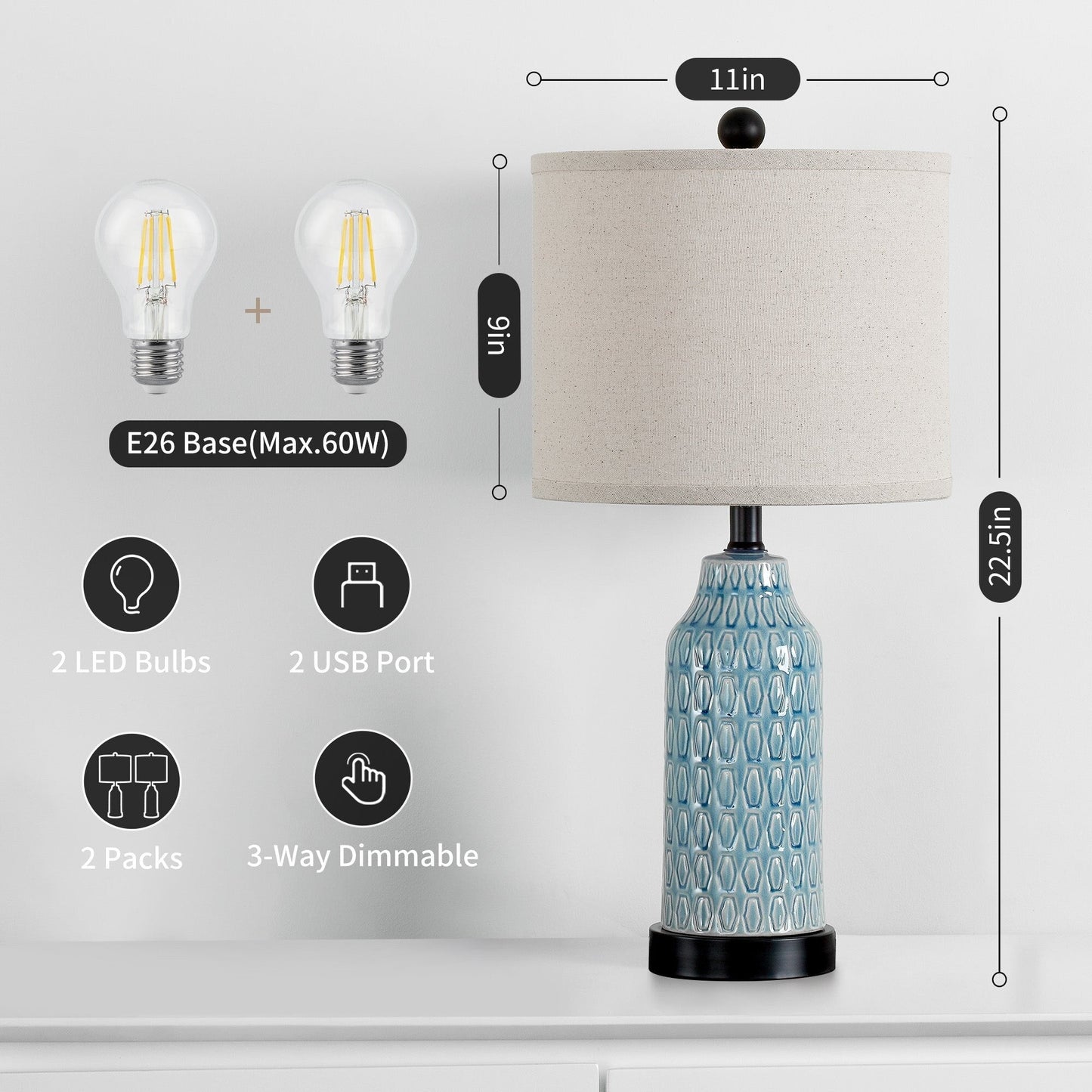 Lampada da tavolo in ceramica blu con interruttore touch dimmer a 3 vie e due porte di ricarica USB (set da 2) - 11'' x 11'' x 23'' (L x P x A)