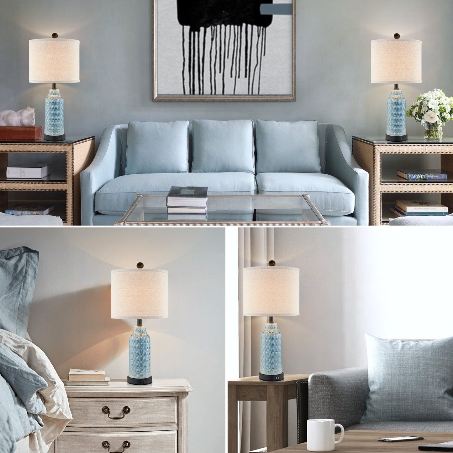 Lampada da tavolo in ceramica blu con interruttore touch dimmer a 3 vie e due porte di ricarica USB (set da 2) - 11'' x 11'' x 23'' (L x P x A)