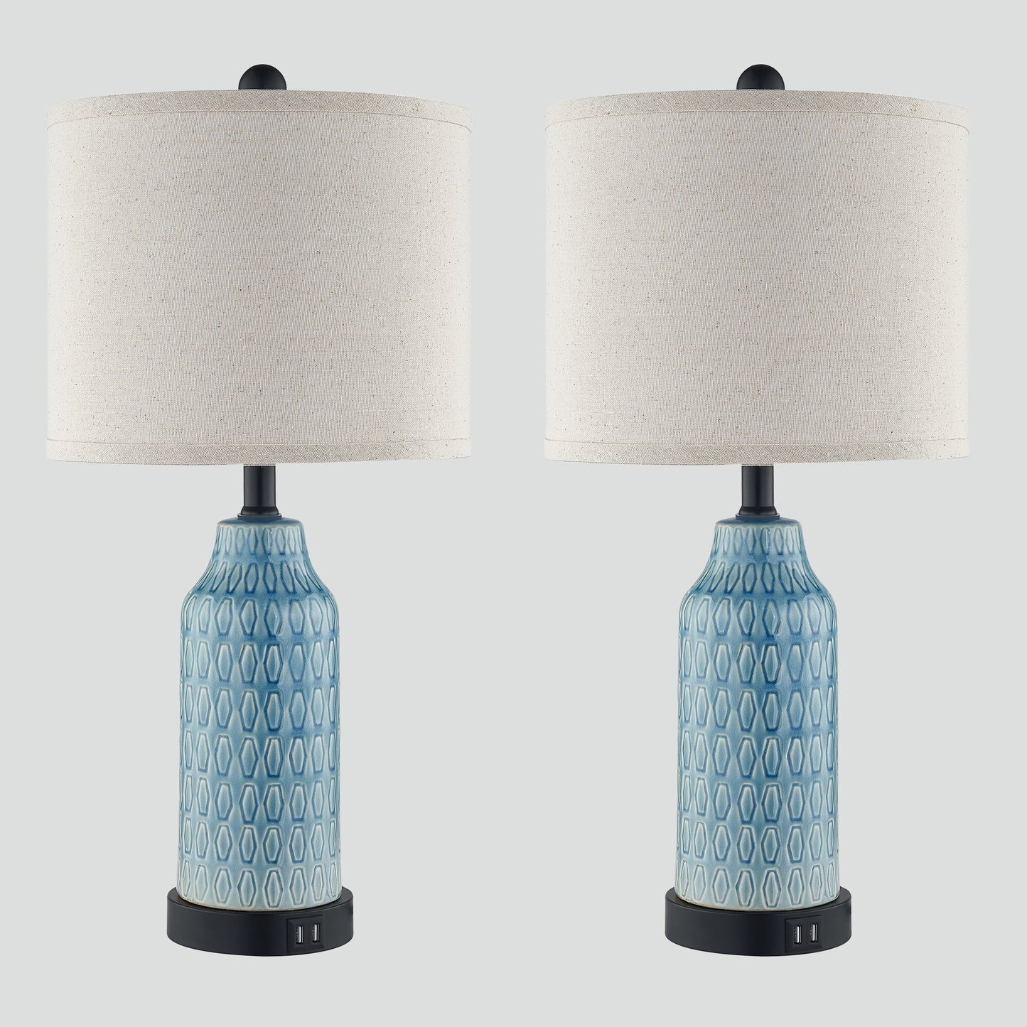 Lampada da tavolo in ceramica blu con interruttore touch dimmer a 3 vie e due porte di ricarica USB (set da 2) - 11'' x 11'' x 23'' (L x P x A)