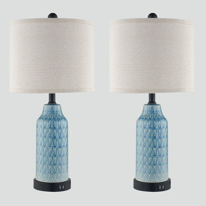 Lampada da tavolo in ceramica blu con interruttore touch dimmer a 3 vie e due porte di ricarica USB (set da 2) - 11'' x 11'' x 23'' (L x P x A)